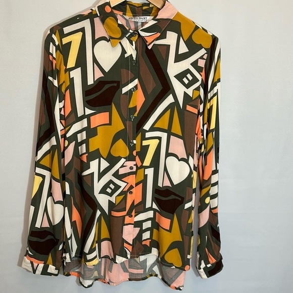 Big Dart Womens Button Down Shirt Long Sleeve Retro Abstract Color Block Funky M - Picture 12 of 14
